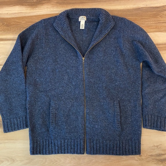 L.L.Bean Cardigan Mens Large Tall Blue Shetland Wool Full Zip Sweater - Picture 1 of 6